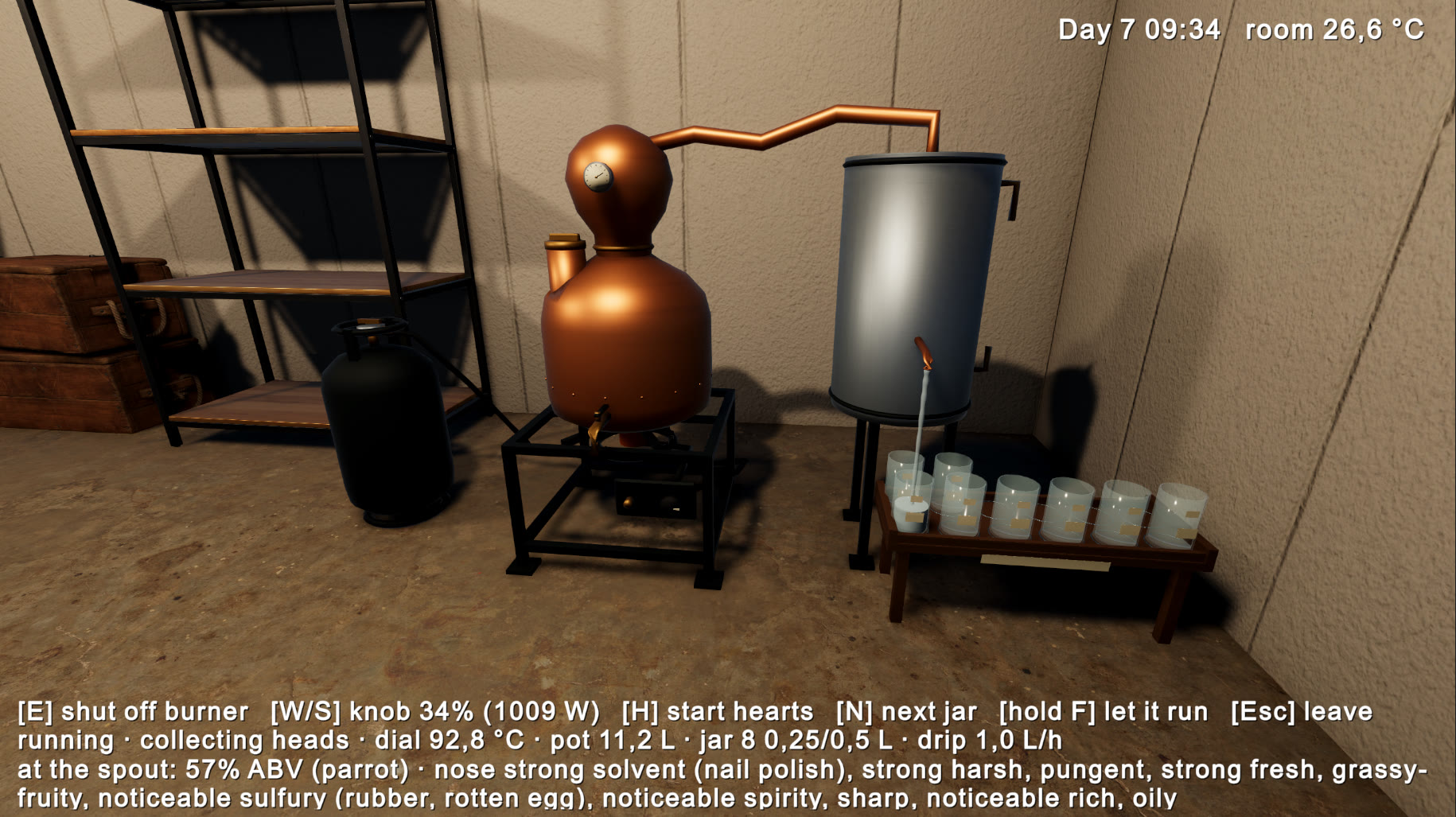 In-game screenshot of a copper pot still running in a small workshop. Spirit drips from the condenser into a rack of glass jars, and a text readout lists the spout strength at 57% and its smell: nail polish, grassy, a little rubber.