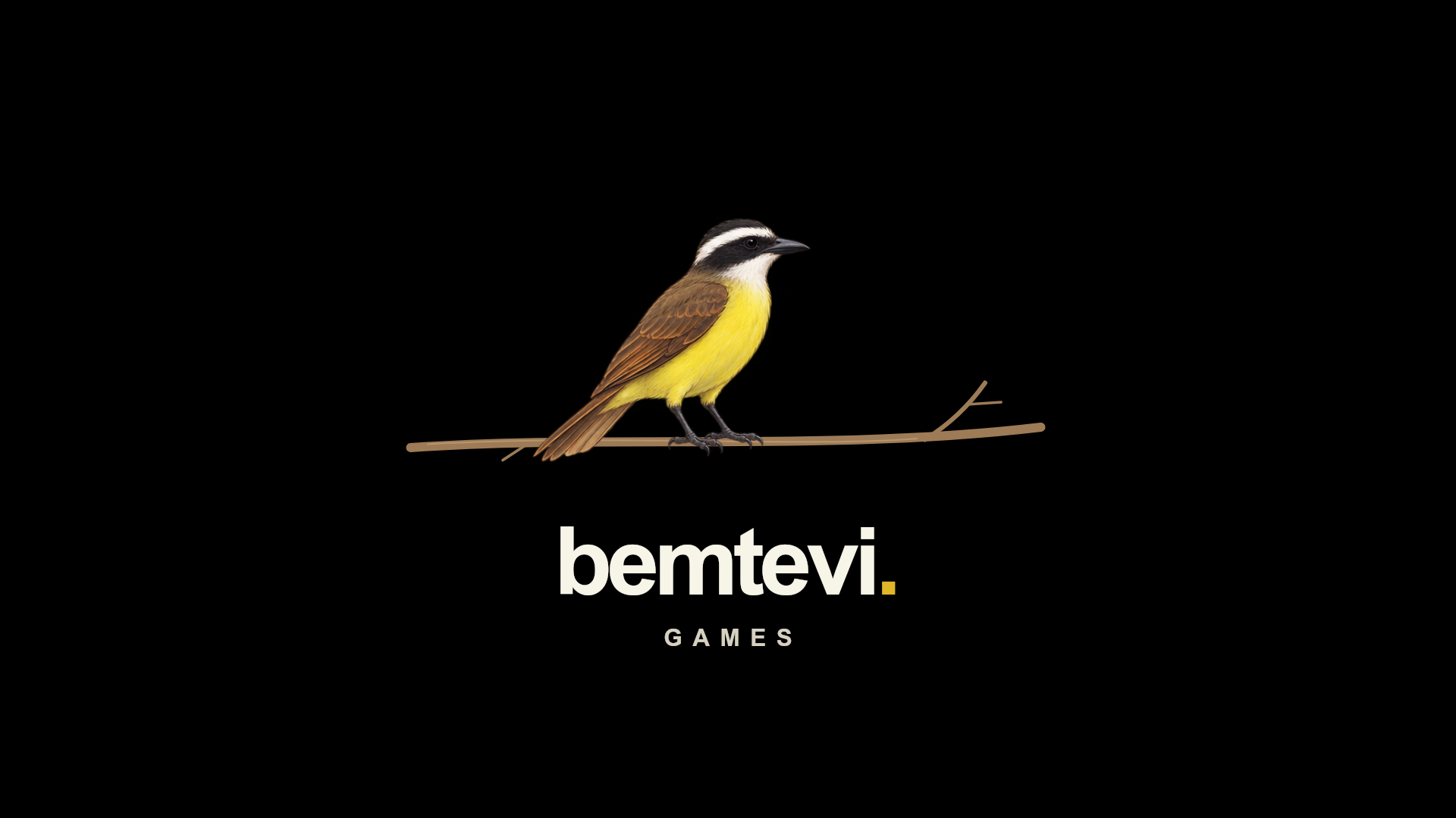 A bem-te-vi on a branch above the bemtevi.games wordmark